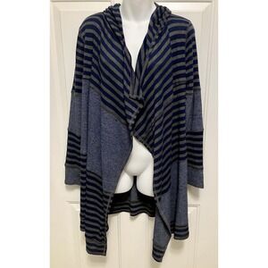 Allen Allen Women's Hoodie Open Blue Gray Striped Cardigan Sweater Size‎ Small